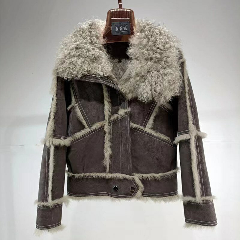 Jaket kulit domba wanita bulu gaya pendek Musim Semi dan Musim Gugur 2024, kain Suede berjemur dengan 100% lapisan kelinci alami, mode mewah