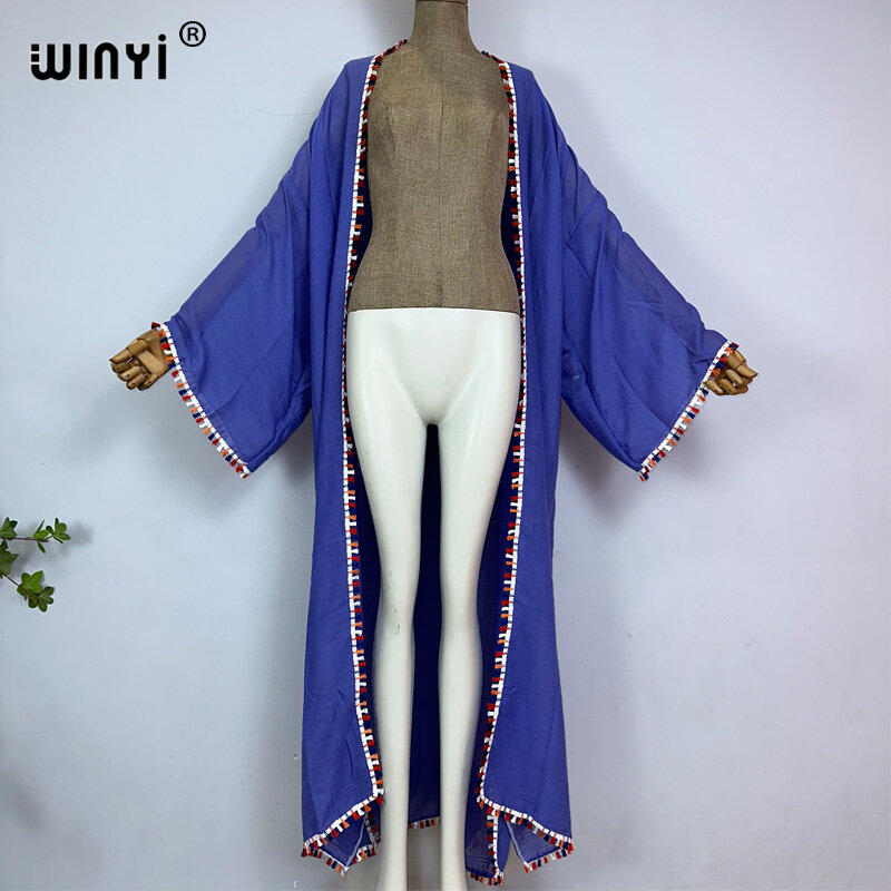 WINYI-Confortável casaco de praia monocromático boêmio para mulheres, vestido solto, vestido maxi, cobertura de férias, quimono de biquíni para festa