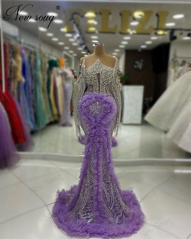 Haute Coutures lila Rüschen Abendkleider von der Schulter Dubai von der Schulter Promi Kleider Party kleider Vestidos de Fiesta
