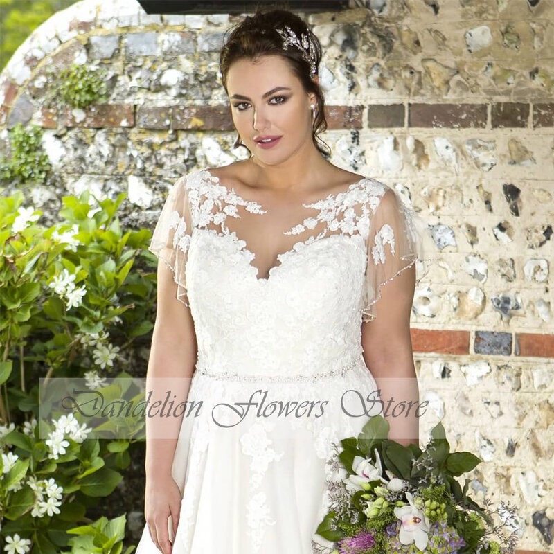 Pastrol Wedding Dresses Plus Size 2023 O-Neck Short Sleeves Bride Gowns Lace Applique Sequined A-Line Tulle Vestidos De Novia