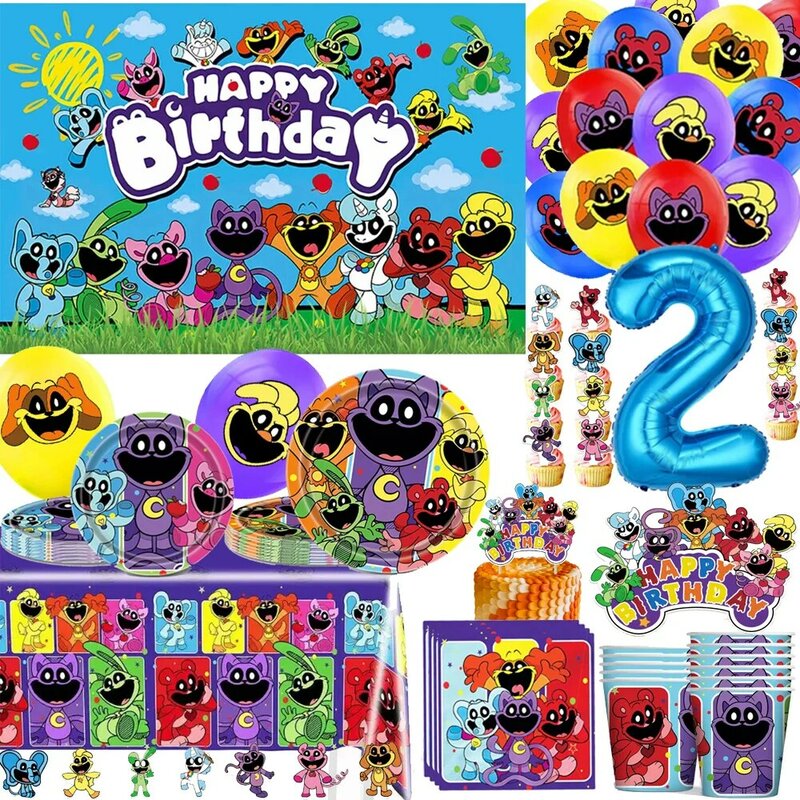 Critters sonriente Catnap decoraciones para fiesta de cumpleaños, platos de taza, pañuelos, suministros para fiestas, globos, pancartas, decoraciones para pasteles, bebé