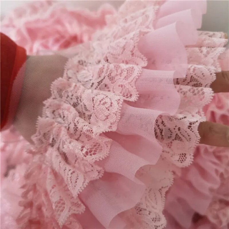 Tecido de três camadas plissado, rosa-quente, decoração de boneca, roupa de casamento artesanal, tecido de renda