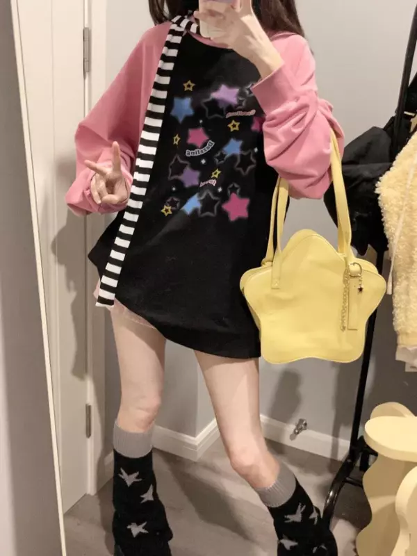 Deeptown Y2K ความงาม Star พิมพ์ Hoodies ผู้หญิง Harajuku Kpop Casual ขนาดใหญ่เสื้อ Streetwear หลวม Pullover Tops E-สาว