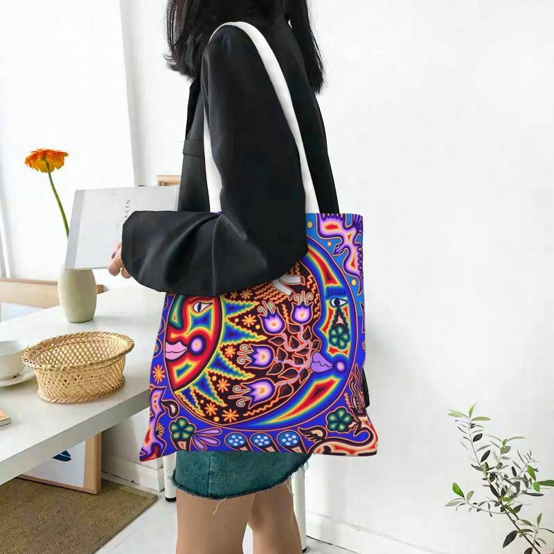 Mexican Huichol Sun Moon Groceries Shopping Bag Cute Printing Canvas Shopper Shoulder Tote Bags Large Capacity Durable Handbag