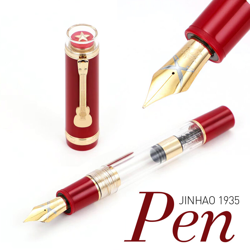 Jinhao-1935 Luxuoso clipe de guitarra caneta-tinteiro, canetas de tinta vermelha transparente, F ou M Nib escrita, escritório e escola estacionária suprimentos