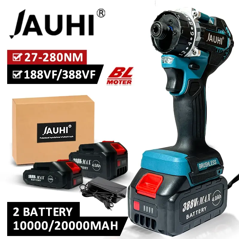 JAUHI-destornillador eléctrico sin escobillas 20 + 1, batería de litio recargable, taladro eléctrico inalámbrico para batería Makita de 18v
