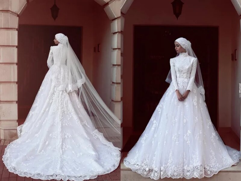 Vestido de novia musulmán de lujo para mujer, traje de manga larga con cuello alto profundo y apliques de encaje, color blanco, 2024