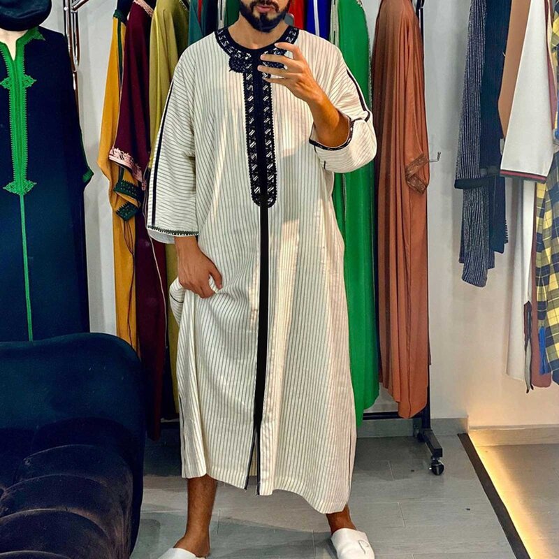 Robe longue décontractée à rayures arabes pour hommes, vêtements islamiques traditionnels, caftan musulman marocain, costume national du Moyen-Orient
