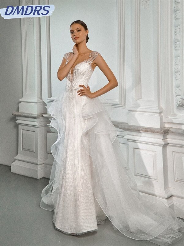 Gaun pengantin kerah V rendah seksi 2024 gaun pernikahan A-line sederhana anggun tanpa lengan gaun panjang lantai gaun Vestidos De Novia