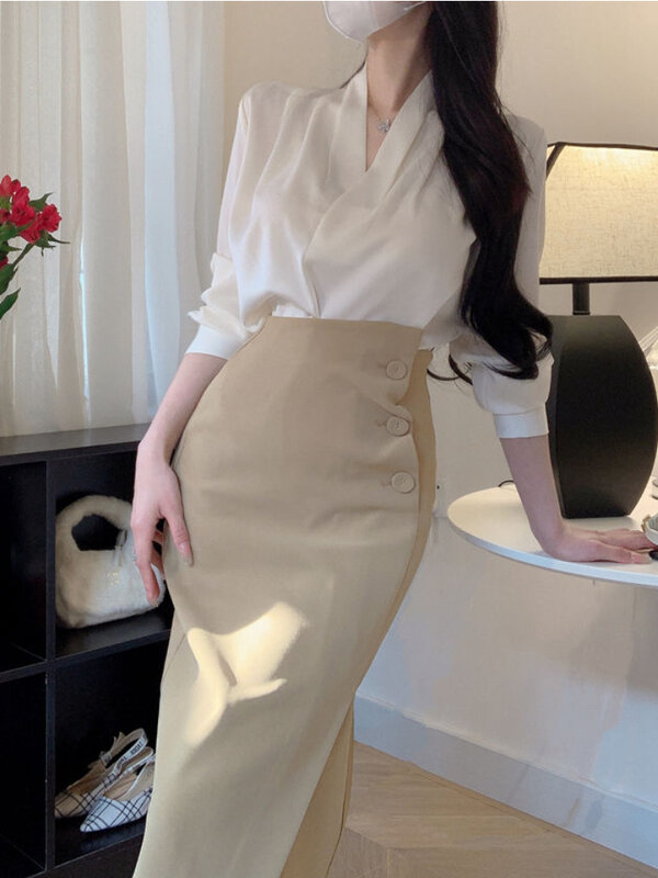 Женские офисные комплекты из 2 предметов, футболка средней длины, облегающая юбка, однотонная повседневная одежда, винтажная Мягкая Повседневная одежда в Корейском стиле