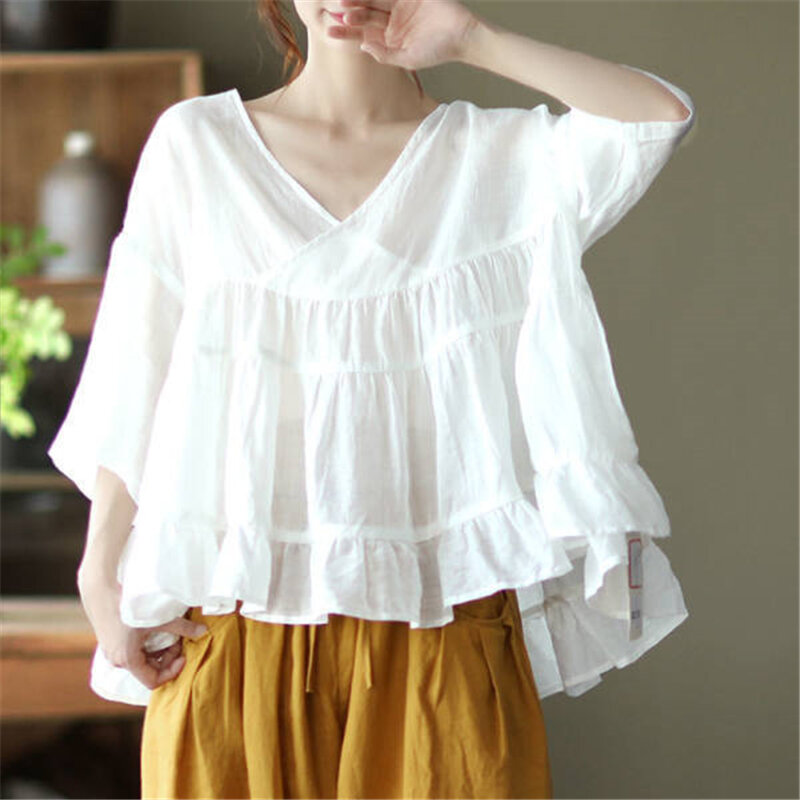 Cotton Linen Solid Color Retro Simple Blouse Shirts Women Summer Casual Ruffle V-neck Half Sleeve Loose Top Female Clothing 2022