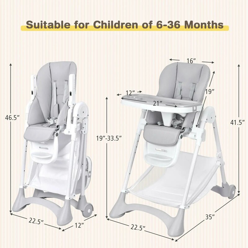 Silla alta ajustable plegable para bebé, con bandeja de rueda, cesta de almacenamiento, gris, AD10007GR