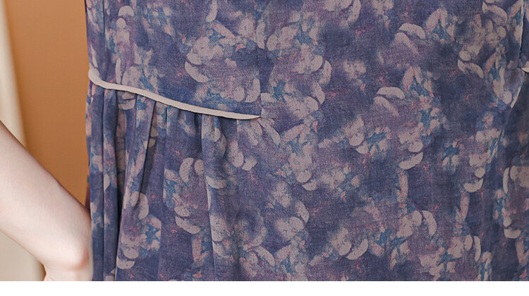 2024 Summer New Georgette Blue Silk Short Sleeve Flower Print Dress for Women's Loose Large O-Neck Chiffon Knee Length Skirt