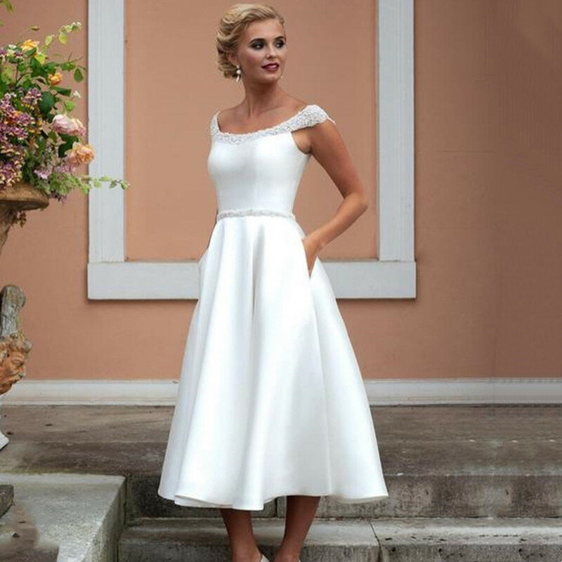 Elegant Scoop Short Wedding Dress Beads 2023 Simple Off The Shoulder Bridal Dress A-line Button Pleats Mid-Calf Robe De Mariée