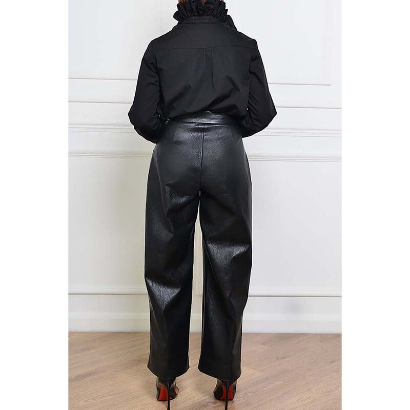 Spodnie codzienne Plus Size Casual Czarne, długie, jesienno-zimowe spodnie ze skóry PU z kieszenią
