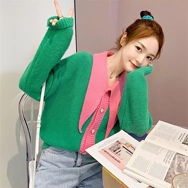 Autumn Winter New 2022 Women Casual Sweater Cute Kawaii Cardigans Long Collar Turn Down Knitting Sweater Coat Casual Tops pink