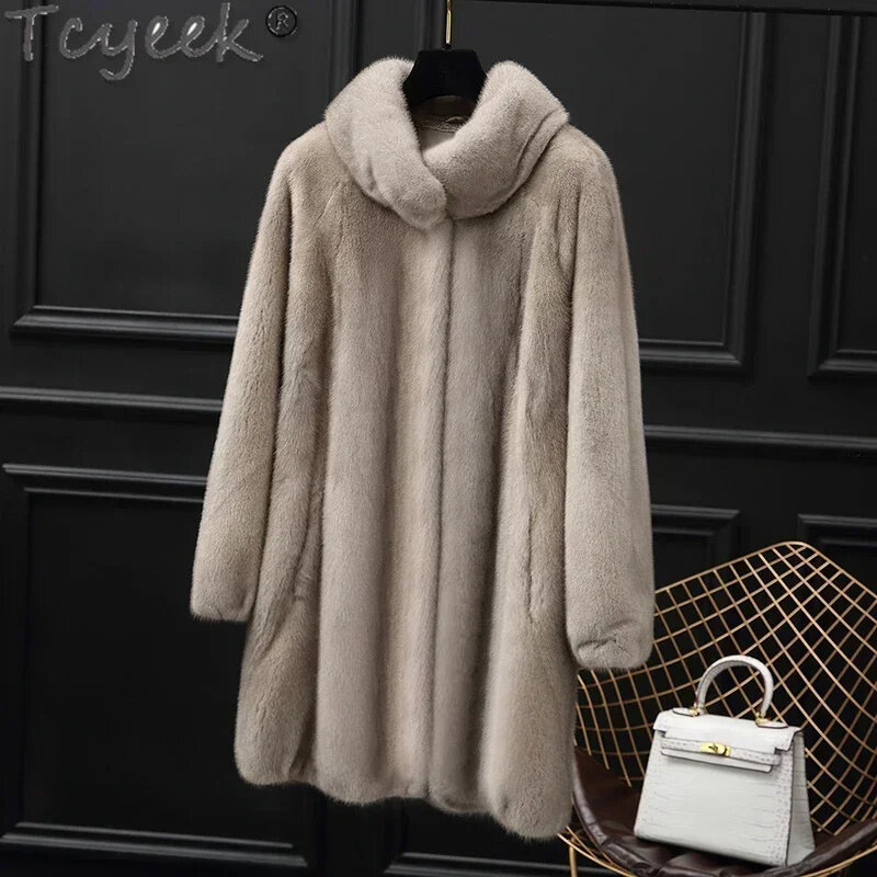 Twinyeek-casaco de pele de vison natural meio longo feminino, casacos de pele de alta qualidade, casacos quentes de inverno, elegante, 2022