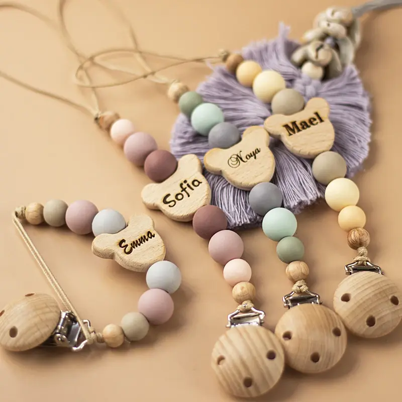 Custom Name Wooden Personalized Baby Pacifier Chain Silicone Bead Dummy Nipple Holder Guard Teether Pendant  Newborn Gift Stuff