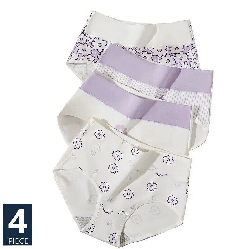 4Pcs/Set High Waist Body Shaper Underwear Plus Size Cotton Women's Panties Breathable Print Girls Briefs Soft Female Lingerie
