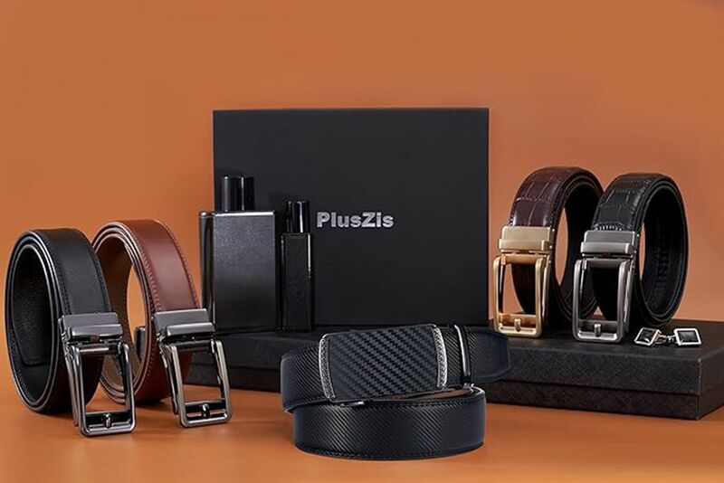 PlusZis Black with Automatic Buckle Brown Automatic Buckle Two Pack Men's Leather Ratchet  Fashion Business Dress Belt