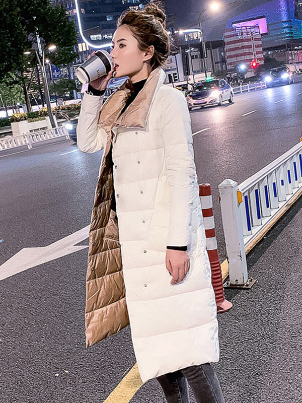 FTLZZ kobiety dwustronna puchowa, długa kurtka zimowa 90% biały płaszcz z kaczego puchu podwójne piersi ciepłe parki śnieżna odzież wierzchnia