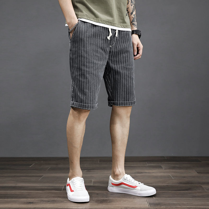 Letnie krótkie spodnie męskie na co dzień jeansowe szorty do kolan Slim Fit jeansy ze streczem designerskie kowbojskie dżinsy typu Boyfriend w paski