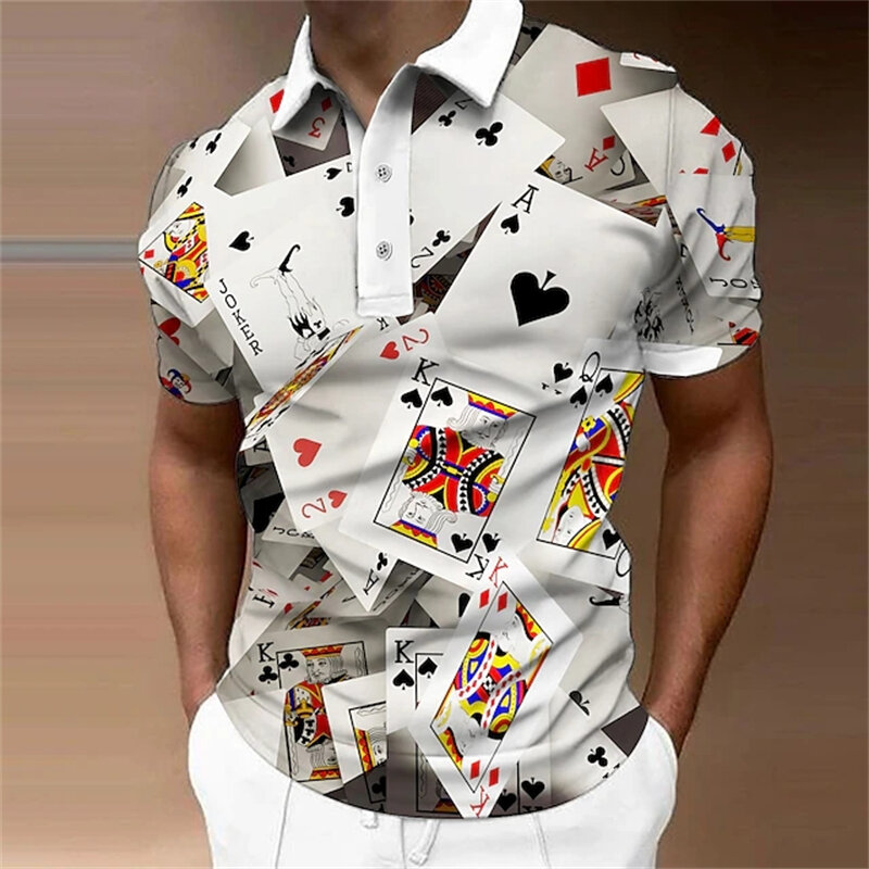 Polo de lapela masculino, manga curta, camisa de golfe, botões, estampas gráficas, janela de póquer, preto, branco, exterior, rua