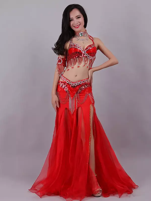 Dla dorosłych kobiet indyjska odzież taneczna taniec brzucha koraliki z cekinowym diamentowym haftem kostium sceniczny zestaw kobiecych strojów Rave