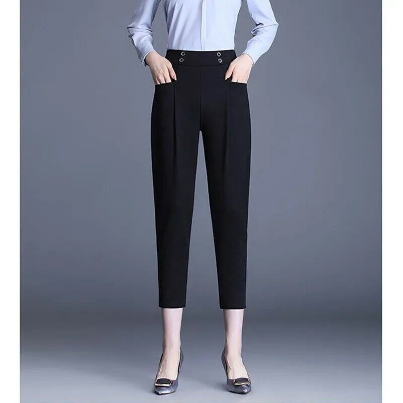 Calça harém de cintura alta feminina, botão casual, calças de cor sólida emendadas, roupas femininas, simplicidade moda, 2023