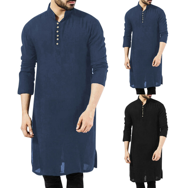 Мужская модель 2024, Повседневная однотонная мусульманская одежда с воротником-стойкой, длинным рукавом и пуговицами, мусульманская одежда