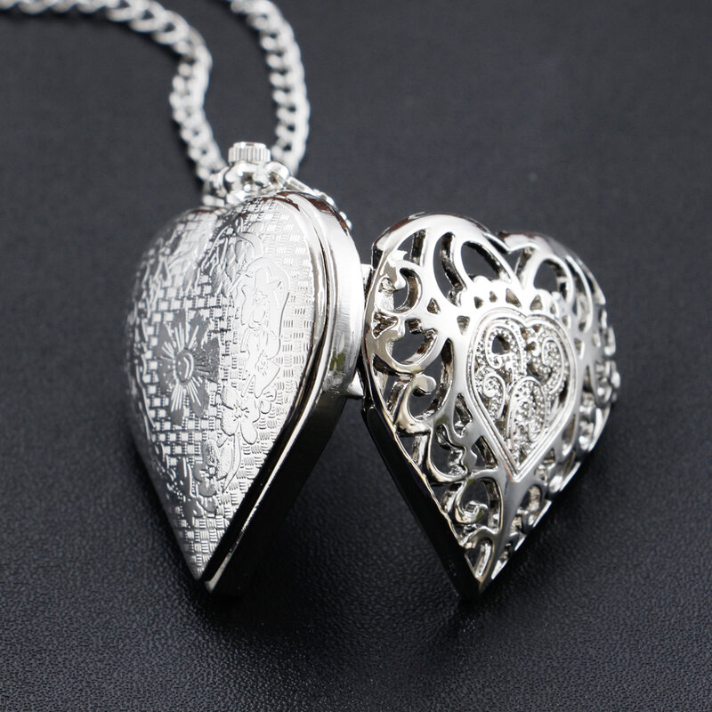 الفضة الجوف على شكل قلب ساعة الجيب قلادة رائعة الكوارتز قلادة سلسلة ساعة المرأة فتاة صديق عاشق هدية