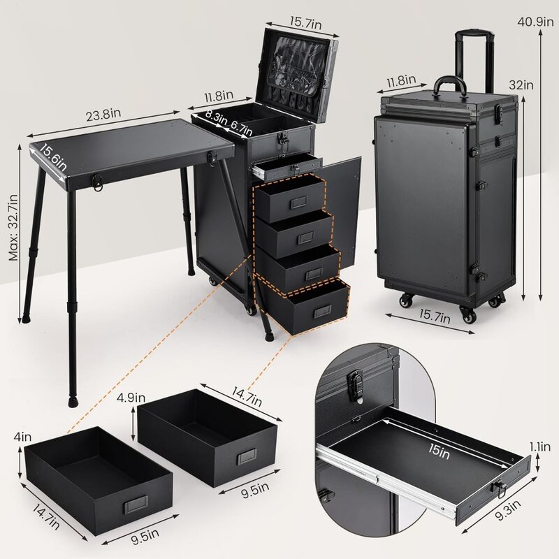 Joligrace Rolling Manicure Table Makeup Case Foldable Nail Desk 5 Drawers Cosmetology Case on Wheels with Brush Pouch
