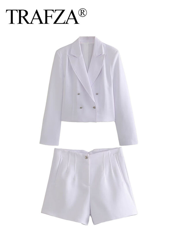 TRAFZA Summer Suits donna Trendy White Turn-Down Collar bottoni a maniche lunghe Blazer doppiopetto + pantaloncini con cerniera a vita alta