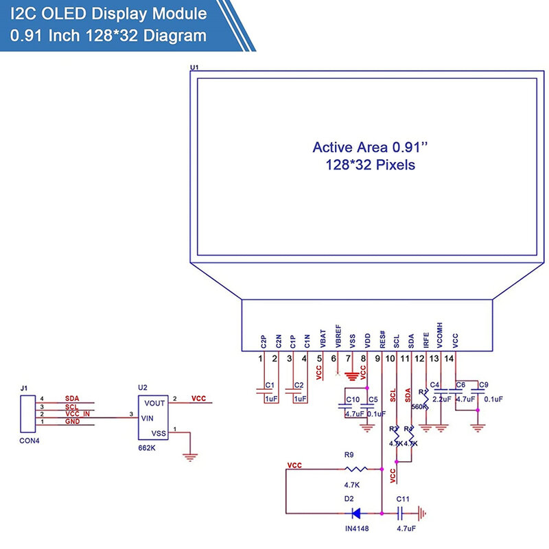 Modul Peraga LCD OLED 0.91 Inci 128X32 4Pin SSD1306 Driver IIC I2C Layar Seri DC 3.3V ~ 5V UNTUK Arduino (PIN Disolder)