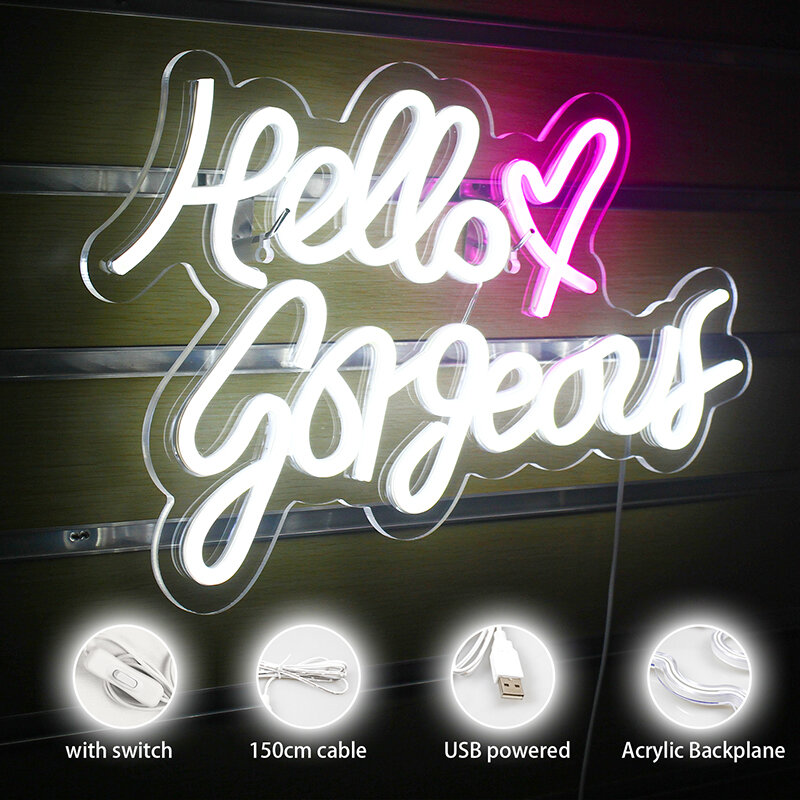 Olá lindo LED Neon Signs Wall Lamp, USB Aesthetic Room Decoração, Quarto, Casa, Casamento, Aniversário, Bachelorette Party Light