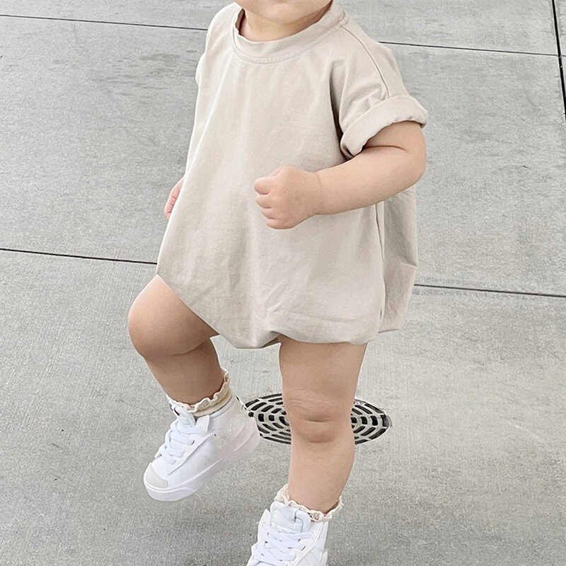 Unisex Baby Boy Girl Solid Color Short Sleeve Bubble Romper Oversized T-Shirt Bodysuit Top Summer Baby Jumpsuits Clothes
