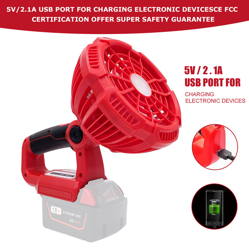 9W for Milwaukee 14.4-20V Li-ion Battery Portable Vertical Fan With Light Fast Charging USB Ports Low Noise Electric Fan