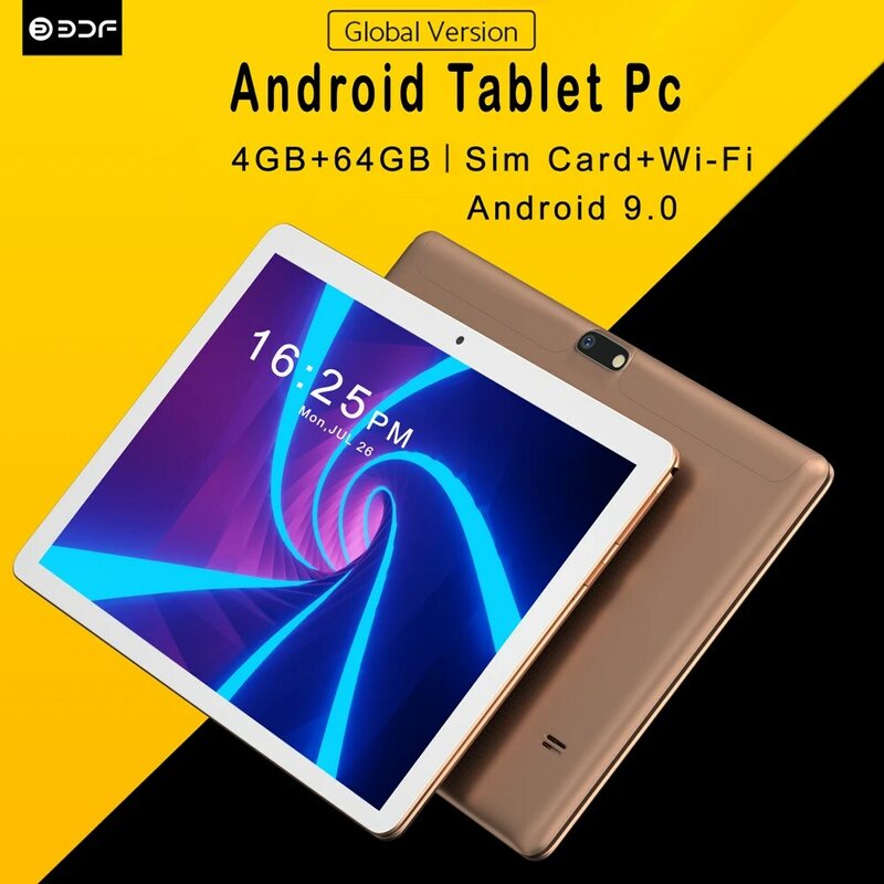 BDF – tablette Pc de 10.1 pouces, compatible avec Android 9, Google, téléphone portable 3G, carte SIM, 4 go + 64 go de ROM, Bluetooth, Wi-Fi