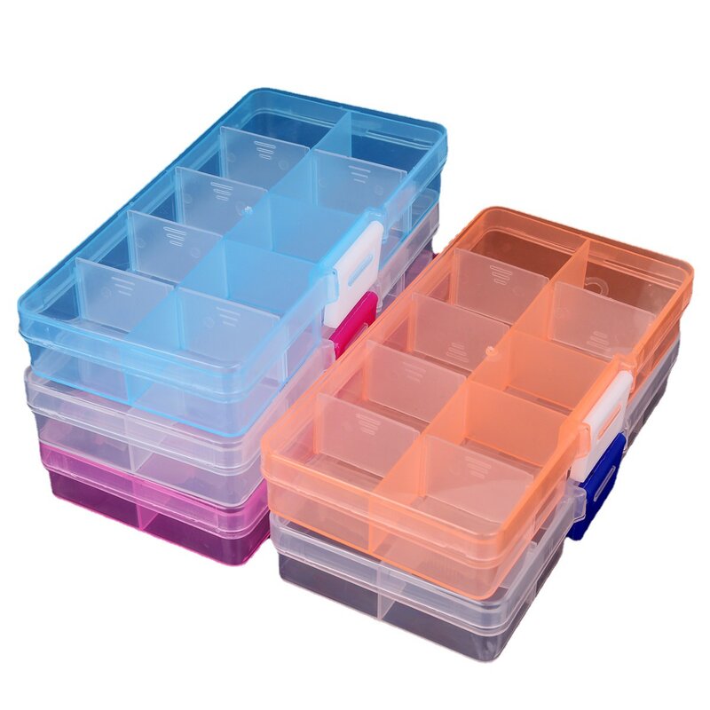 Caixa De Armazenamento De Jóias De Plástico com Compartimento, Recipiente Ajustável para Contas e Brinco, Caso Retângulo, 10 Grades