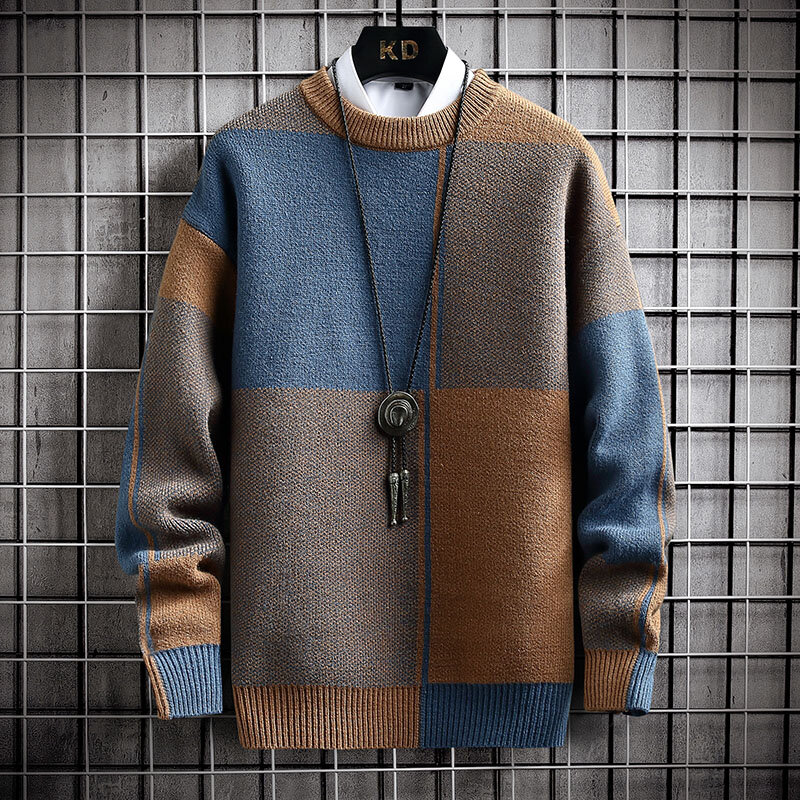 半分の高襟カラーブロッキング暖かいセーター/高品質男性春秋スリムレジャー韓国長袖ルーズニットプルオーバー