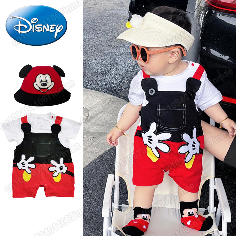 Pakaian jumpsuit Disney Mickey Mouse, jumpsuit satu potong, pakaian bayi 3-12 bulan, pakaian bayi gaya kartun, setelan merangkak longgar dengan lubang, 0-2 tahun