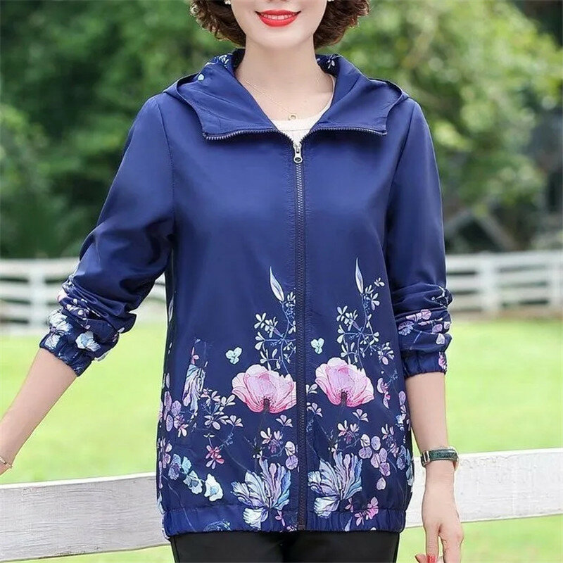 Fashion Coat 2024 New Middle Aged Elderly Women's Spring Autumn Clothing Loose Hooded Printed  Thin Jacket Female Outerwear Tops