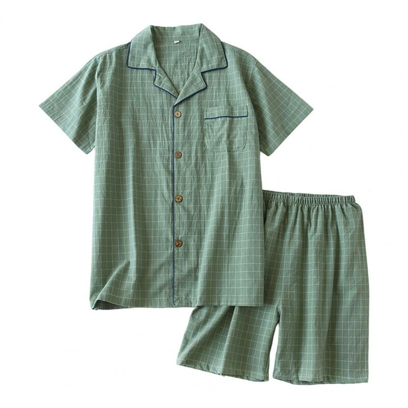 Pijama de algodão lavado simples masculino, calça e top de manga curta, terno xadrez para serviço doméstico, primavera, verão, 2022