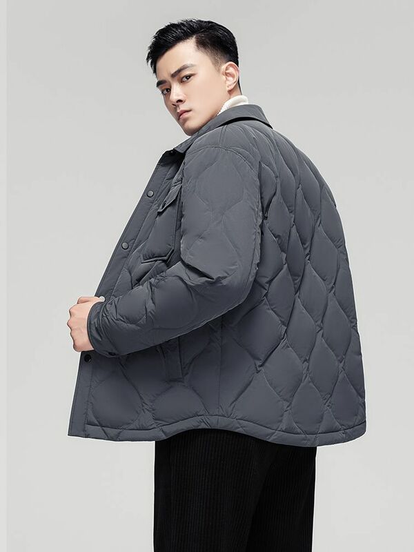2023 겨울 남성 패션 화이트 덕 다운 재킷, 남성 초경량 다운 포켓 코트, 짧은 단색 따뜻한 오버코트 H429
