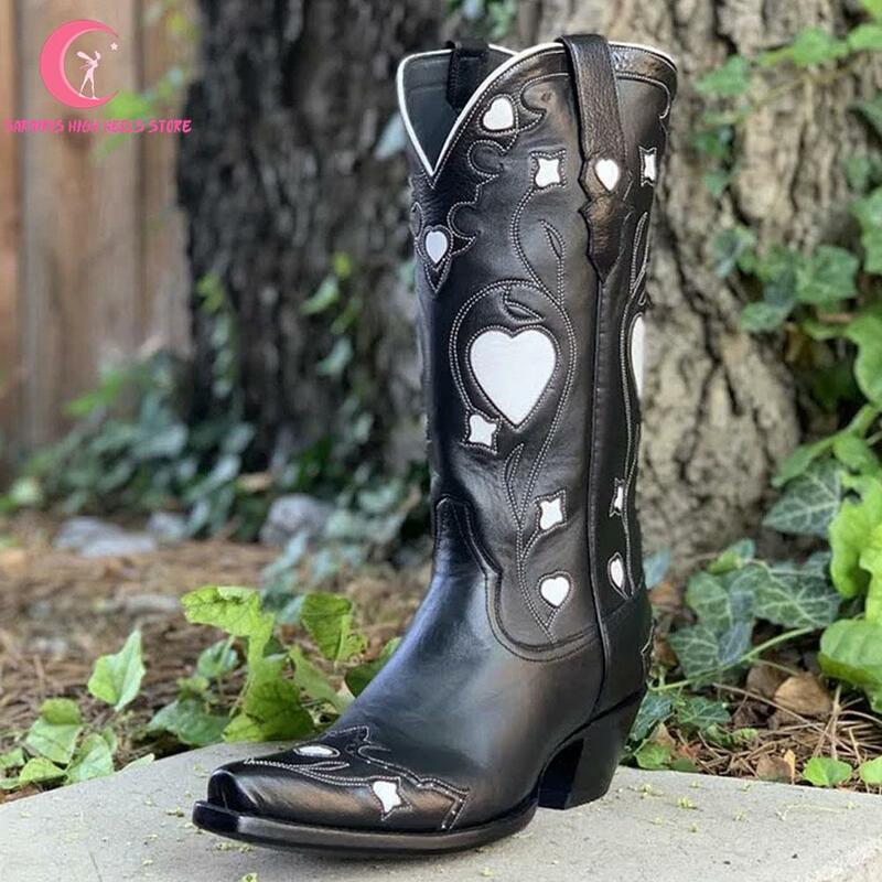Bottes occidentales de Cowboy avec cœur pour femmes, chaussures de Cowboy, confortables, brodées, à la mode, mi-mollet, grande taille 46, 2022