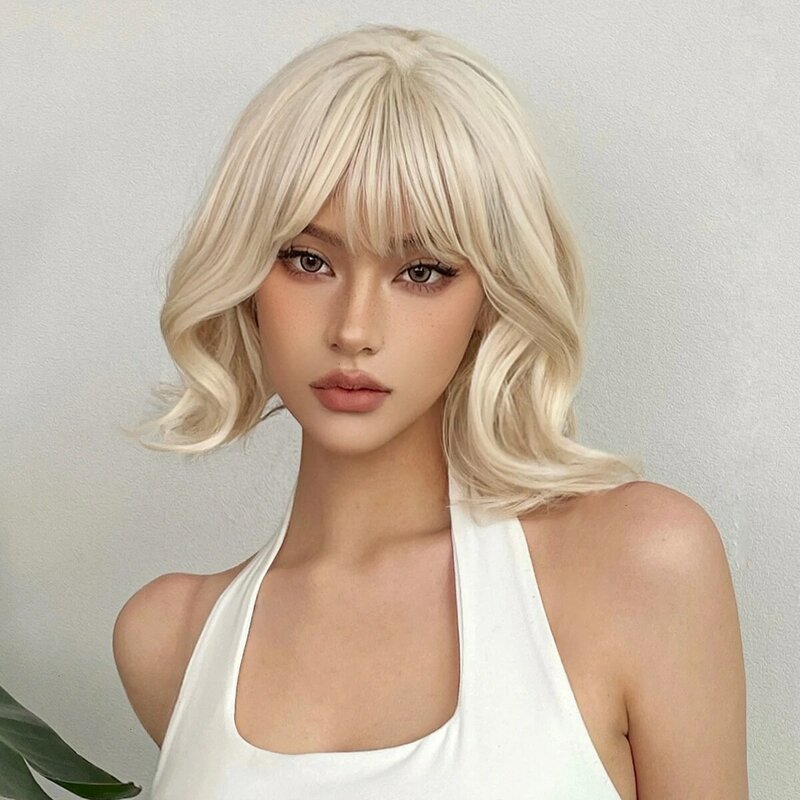 SNQP Short Curly Blonde Wig with Bangs New Stylish Hair Wig for Women Daily Cosplay Party Heat Resistant High Temperature Fiber