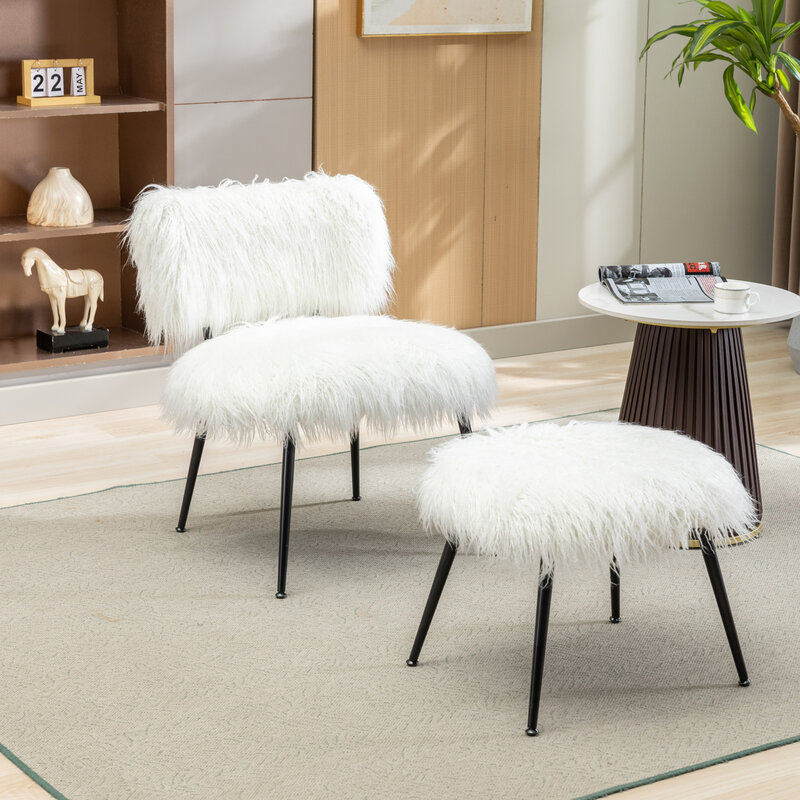 Cadeira Accent Plush com Otomano, Fofo e Cozy, 25,2 "Wide, Marfim Faux Fur, confortável, Sala e Quarto, Mid Century