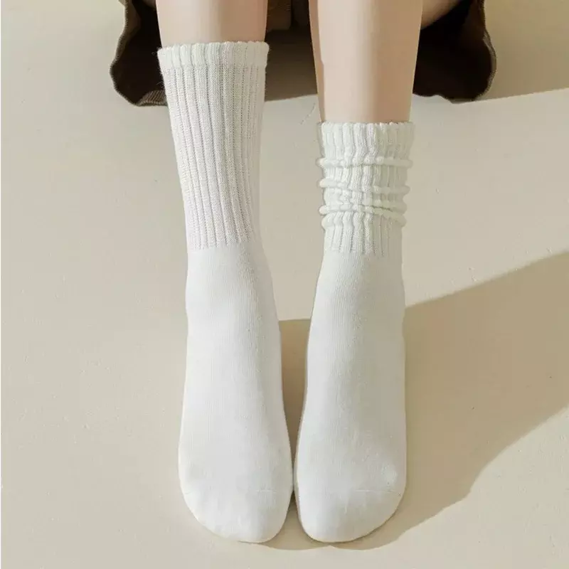Y2k Knitted Long Socks Women Girls Casual Black White Loose Crochet Middle Tube Lolita Sox Cotton Solid Boot Cuffs Ruffles Socks
