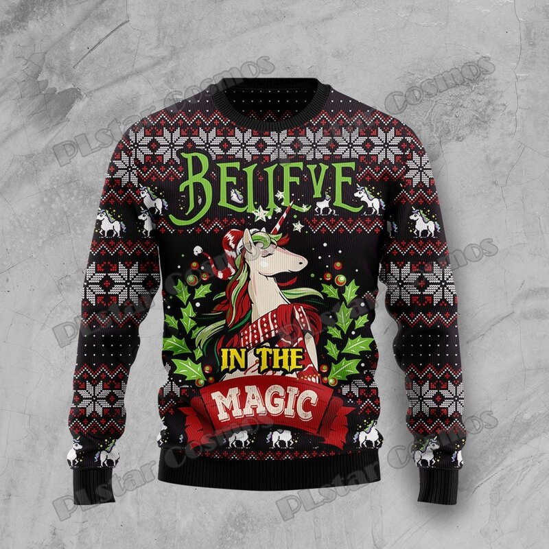 PLstar Cosmos Unicorn Merry Christmas 3D Printed Men's Ugly Christmas Sweater Winter Unisex Casual Knit Pullover Sweater ZZM35