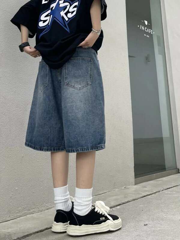 QWEEK-Shorts jeans largos Y2K femininos, perna larga vintage, jeans até o joelho, streetwear americano, lavado de tamanho grande, verão